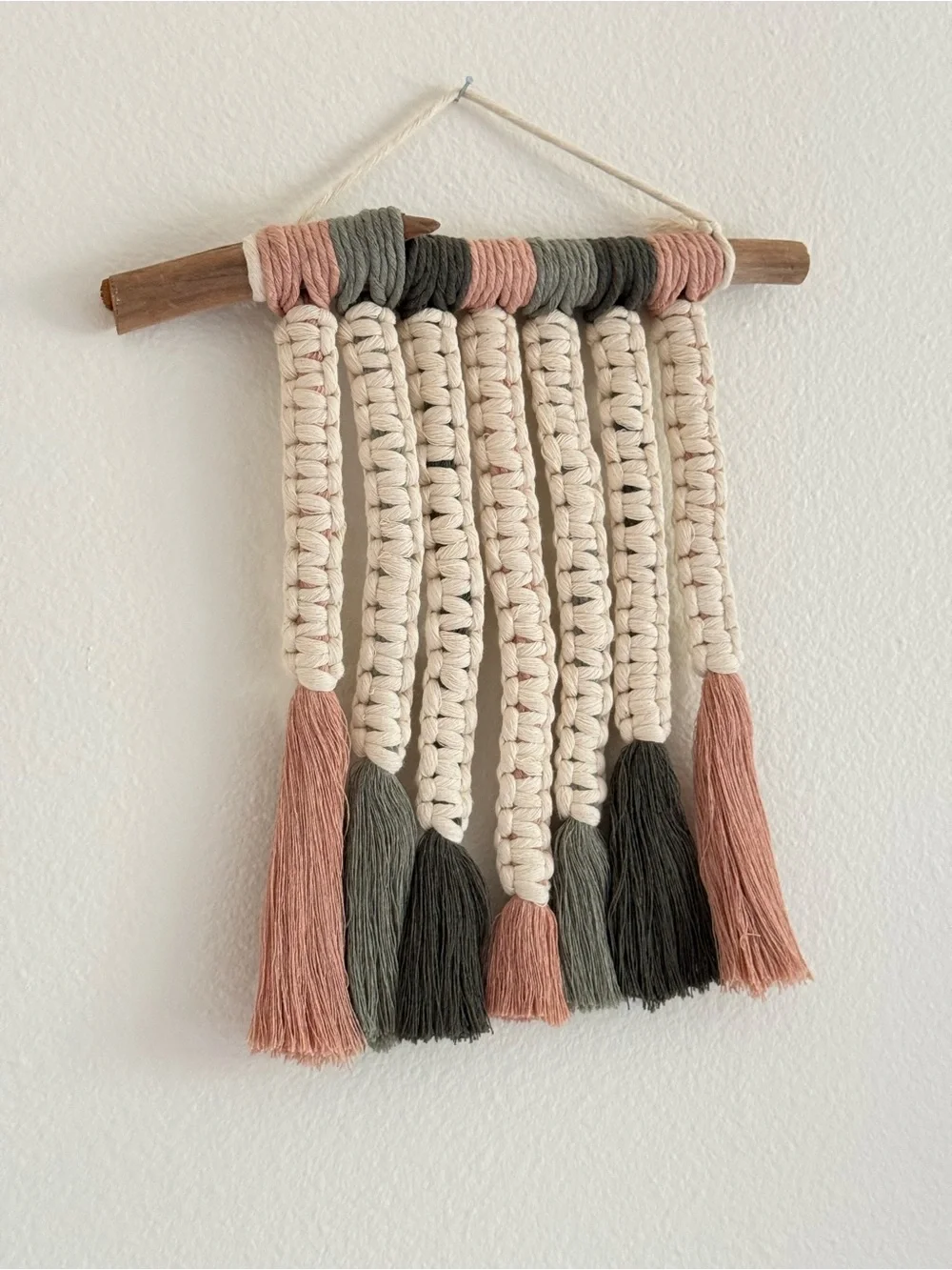 Boho style Handmade Macrame Wall Hanging in Cream, Pink & Green